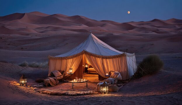 Illuminated desert tent offers serene respite under a crescent moon