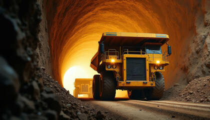 Fototapeta premium Heavy yellow dump trucks drive through a mine tunnel towards bright sunlight. Large off road vehicles transport ore and materials on a dirt road. Industrial mining operations use big machinery.