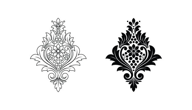 Ornate damask floral scroll pattern element in outline and solid black style for vintage luxury stationery and textile design motifs