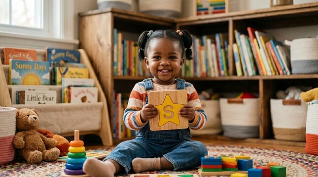 A smart preschool girl grouping custom alphanumeric matching tile modules on a colorful classroom work table.