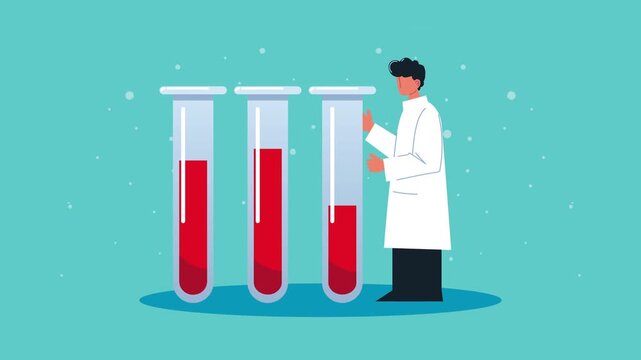 Male scientist with lab coat checking test tubes with blood samples for medical diagnosis and research dynamic motion footage.