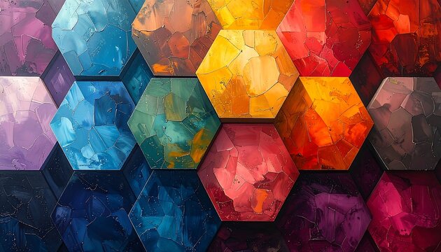 A vibrant abstract composition showcasing a honeycomb pattern. Each hexagonal tile is filled with brushstroke textures