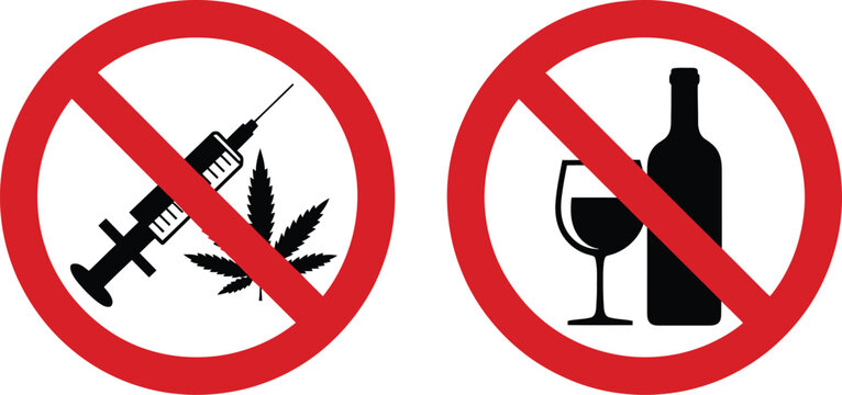 No drugs and no alcohol ban sign vector illustration with red prohibition circle over syringe cannabis leaf and wine bottle