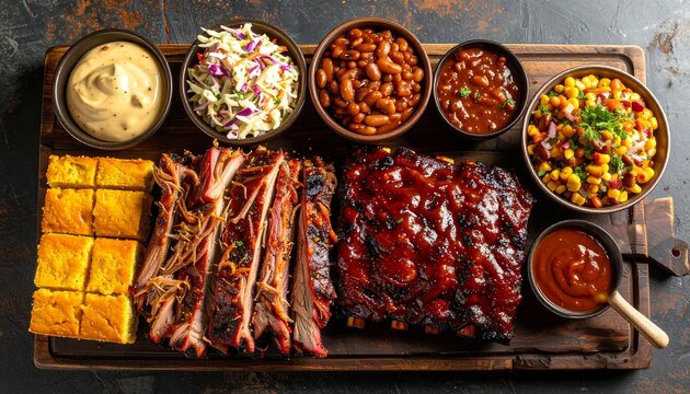 Smoky Barbecue Meat Platter Served with Colorful Side Dishes on Wooden Board