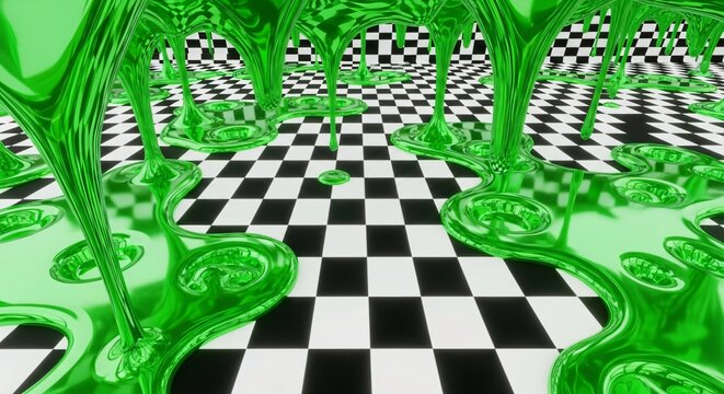 Dripping green slime on a black and white checkered floor abstract 3D render
