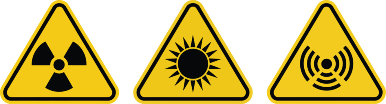 Radiation warning sign boards vector illustration set with triangular yellow caution hazard frames isolated on white background
