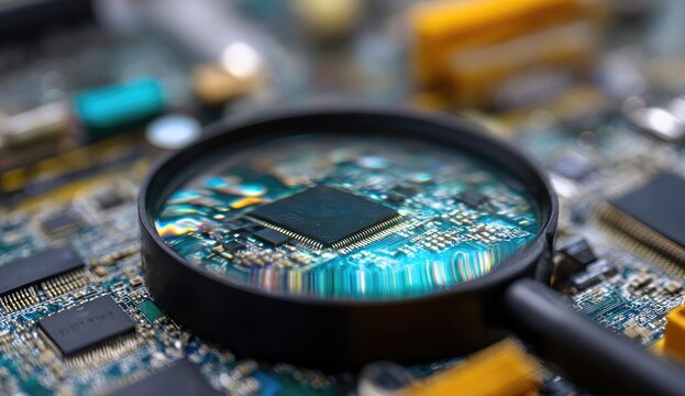 Magnified microchip details on a complex circuit board