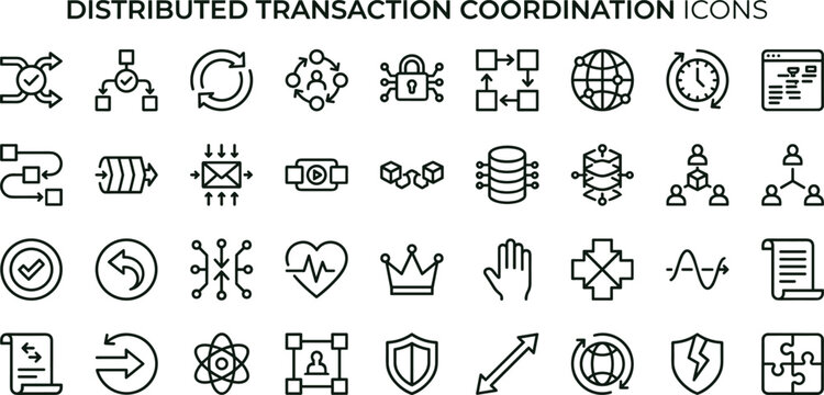 Distributed transaction coordination icon set for workflow automation and cloud infrastructure systems