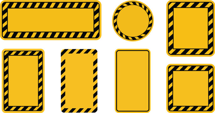 Yellow warning sign boards vector illustration set with blank caution hazard frames isolated on white background graphic