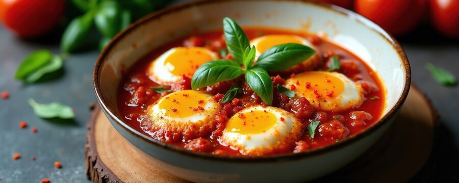 Spicy sambal goreng telur dish with fried eggs in chili paste and herbs. Served in elegant bowl on rustic table. Authentic Indonesian cuisine.