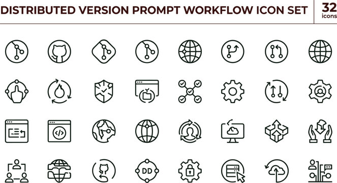 Distributed version prompt workflow icon set for cloud automation and collaborative development systems