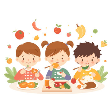 Happy children eating healthy meals with floating fruit and vegetable icons representing nutritious diet for kids growth and development vector illustration