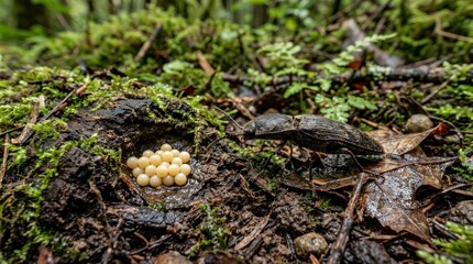 Fototapeta premium A black beetle with white eggs on a mossy forest floor.