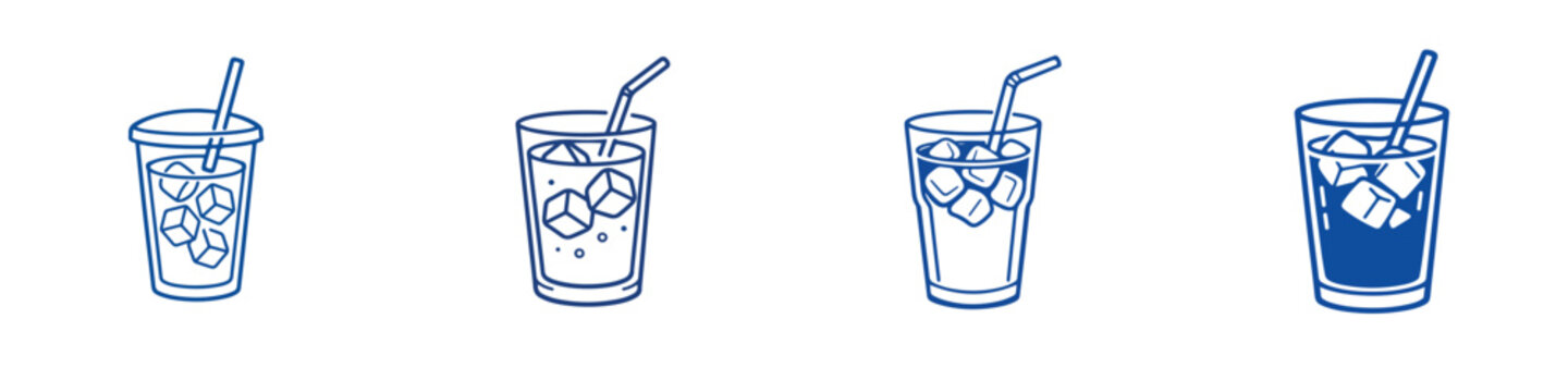 Vector line art of a straw and a glass of iced coffee with ice cubes. Vector, illustration, minimalist, icon, icon set, line art