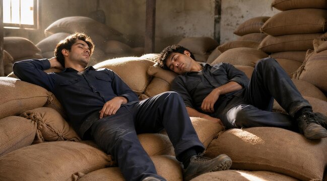 Exhausted manual laborers resting on burlap sacks in warehouse