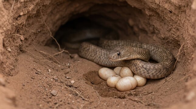 A snake with eggs in a burrow. The snake concept of reptile, predator, and predator. The eggs concept of egg, hatch, and incubation.