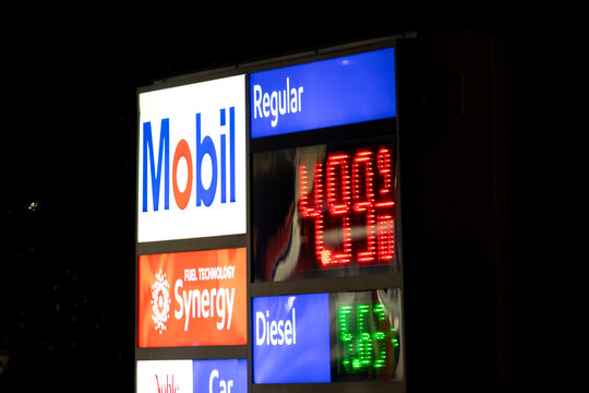 Rockford, Illinois, USA - May 12, 2026: A Mobile gas station sign showing unleaded gas price at $4.99 and diesel well above $5