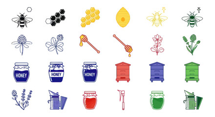 Bee Honeycomb Icon Set: Beekeeper, Hive, Honey Jar, Flower, Honey Dipper © Anggrek