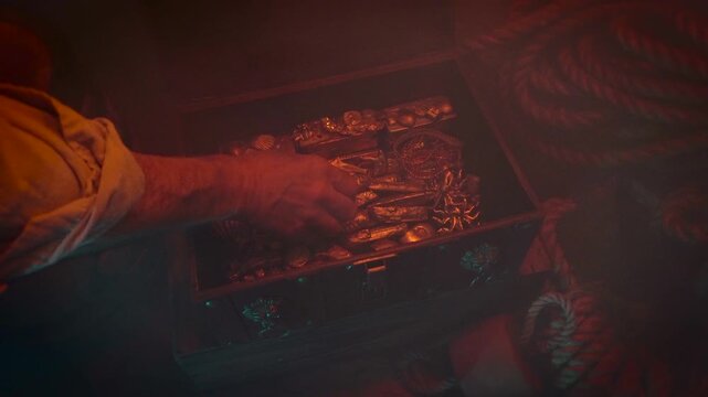 Treasure ingot is grabbed from pirate chest. foggy or smoky atmosphere.