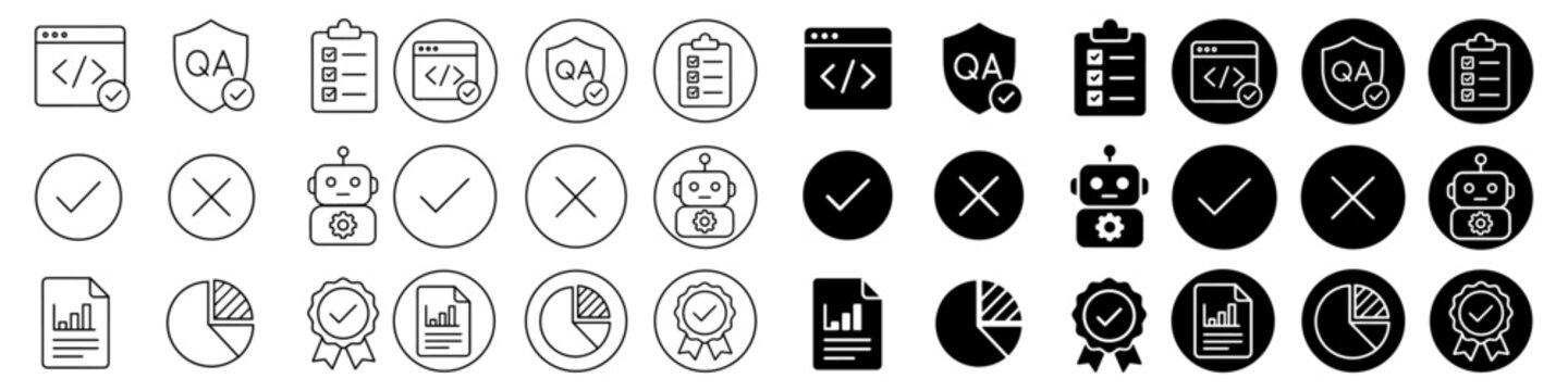 Software testing QA icons for quality assurance validation workflows