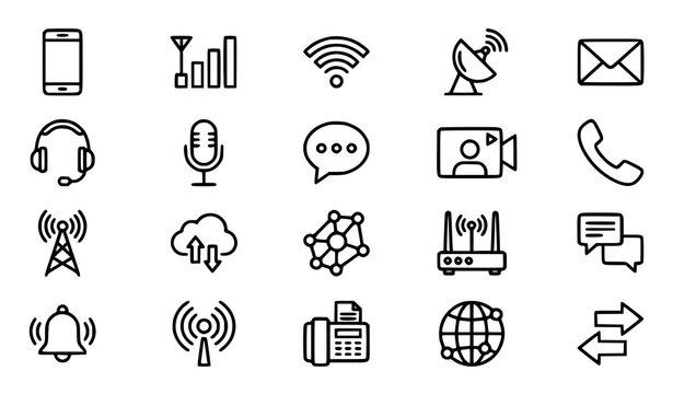 Communication and telecommunication outline icon set with editable stroke network and media symbols