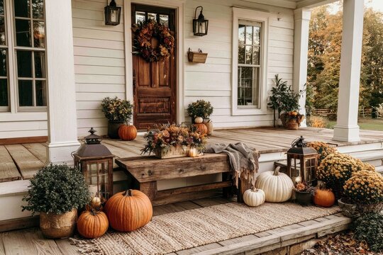 Veranda halloweenm&auml;&szlig;ig dekoriert mit K&uuml;rbissen, Laternen und Herbstblumen