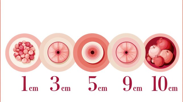 Stages of cervical dilation with fruit size comparisons at each level for educational purposes in a minimalist design.