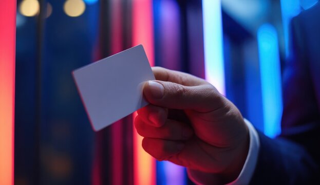 A hand holding a white plastic card in front of illuminated electronic lockers or vending machines