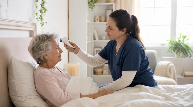 Nurse checking temperature of elderly woman in bed at home care