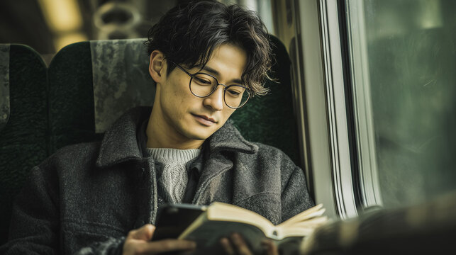 帰りの帰宅時間を活用して試験合格を目指しバス内で学習する男性の自己啓発イメージ
