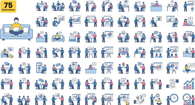 Set of 75 Office and Business Activity Illustrations for Remote Work, Meetings, Presentations, and Collaboration