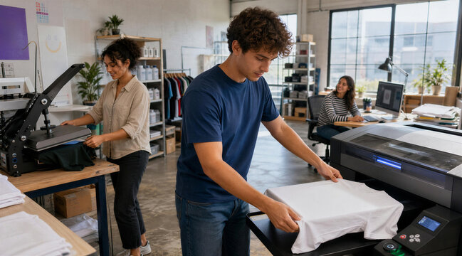 Team operating direct to garment printer and heat press in studio