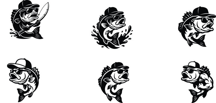 Angry fish character with hat fighting in water