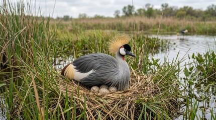 Fototapeta premium A crowned crane sitting on a nest in a marshy area. The crane concept of wildlife, nature, and birdwatching.