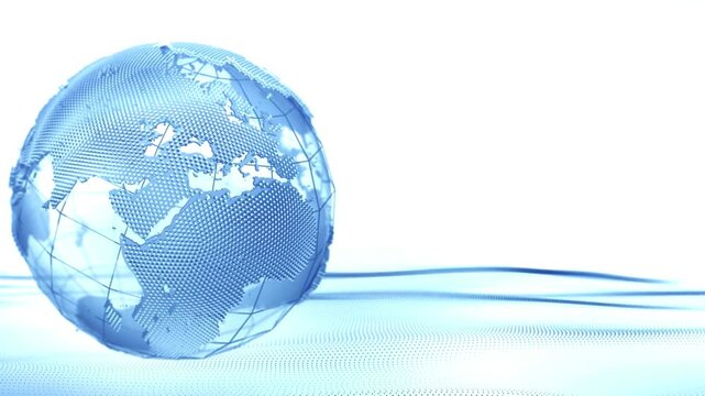 Rotating digital earth globe wireframe hologram spinning over abstract blue technology surface waves background broadcast news motion graphic clip element.
