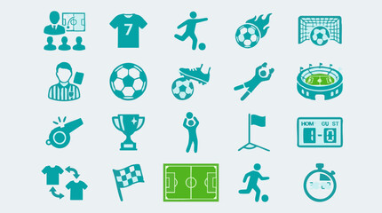 Soccer and Football Sports Icons Set with Player, Field, and Equipment © Colorgraph
