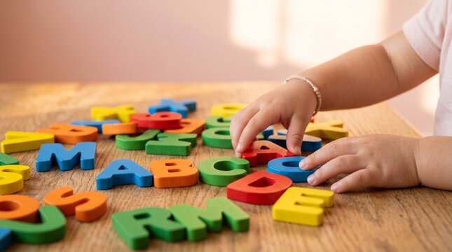A close view of hands mixing and sorting bright foam alphabet letter symbols across a study surface.