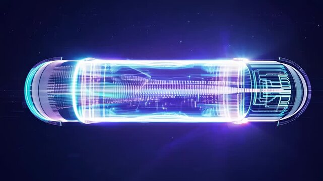Futuristic digital capsule with glowing blue and purple lights, showcasing intricate circuit patterns and data flow in a dark cosmic background