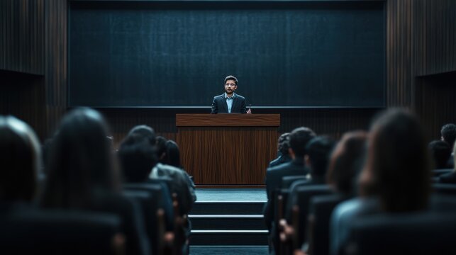 Formal presentation scene with a speaker addressing seated audience in a dimly lit auditorium
