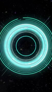 Vertical video: Cyan ringed HUD reacting to blue scanline, pulsing, rotating, simplifying for scan