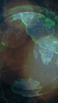 Vertical video: Pulse starting holo globe rotating rings pulsing lines tracing showing world links