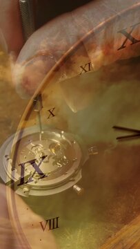Vertical video: Artisan hands entering, tool turning screw to fix watch over clock face overlay