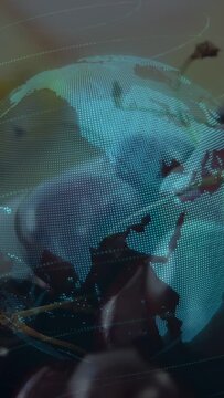 Vertical video: On play teal globe rotating over cherries, showing maps to showcase fruit