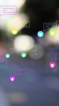 Vertical video: Blur opening, avatar badges floating, growing, fading, showing chat flow over bokeh