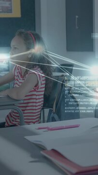 Vertical video: Pupil focusing on book in class causing nodes linking head, desk softening to glows