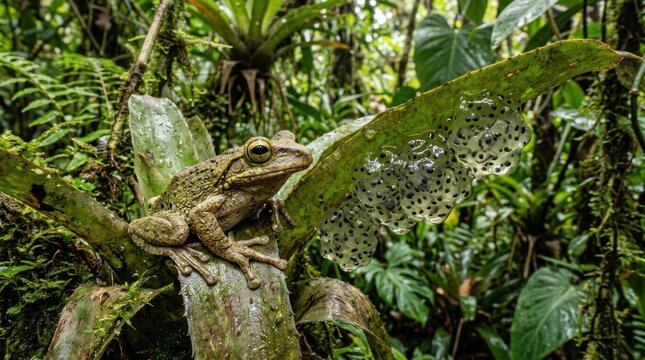 A green frog perched on a leaf in a lush, green jungle with a backdrop of dense foliage and a small stream.