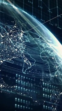 Vertical video: Stylized 3D globe receiving pulse, rotating, tracing path, showing global network