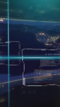 Vertical video: HUD panels sliding while teal scans sweeping causing AI DATA MINING over S America