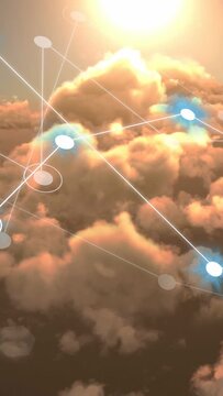 Vertical video: Sun starting soft node grid over golden clouds, nodes pulsing showing network links