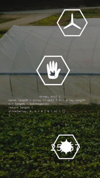 Vertical video: Greenhouse showing farming monitoring after hand icon appearing, hex icons pulsing
